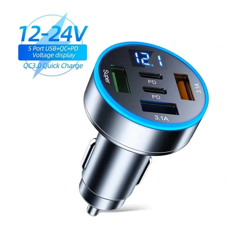 5-Port Fast charging Car Charger with USB-C PD & Voltage Display