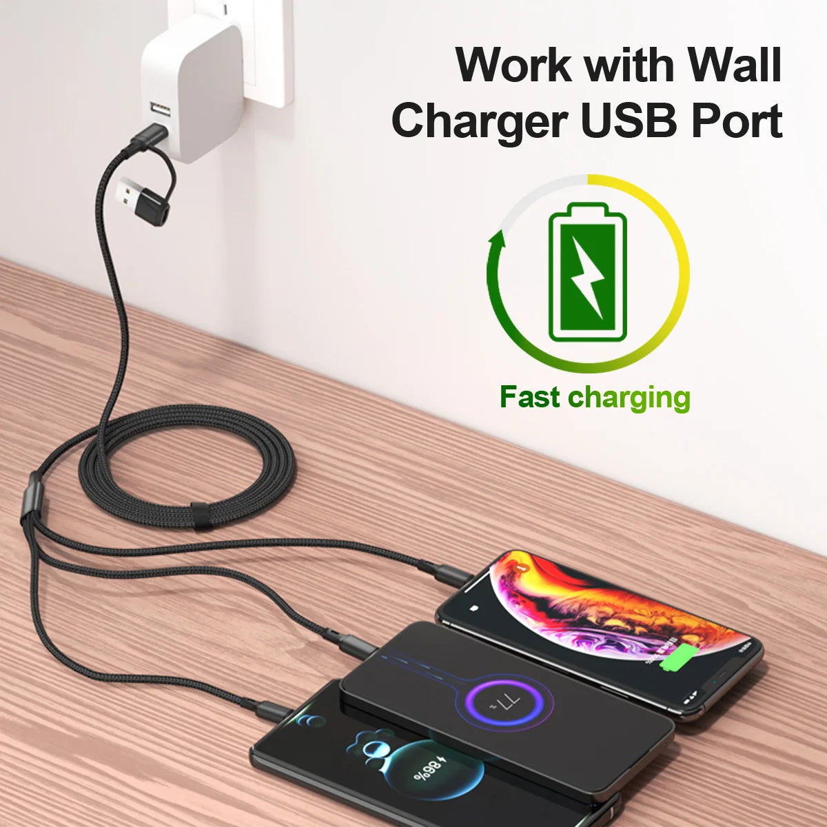 3 in 1 Fast Charging Cord for Micro USB Type C Charger Cable 1.2M Multi Usb Port Multiple Usb Charging Cord