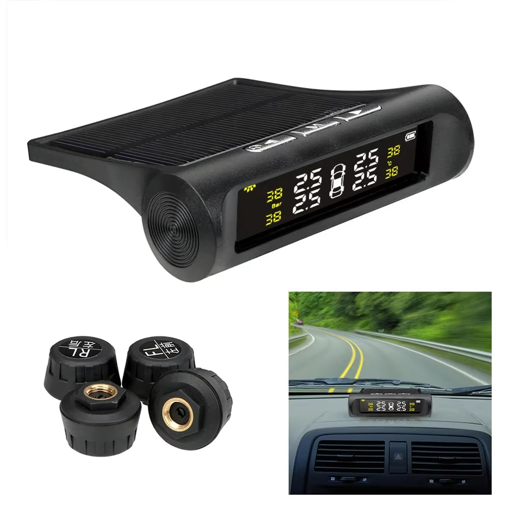 TPMS Solar Tire Pressure Sensor Car Tire Pressure Monitoring System with 4 Wheel Internal External Sensors TMPS