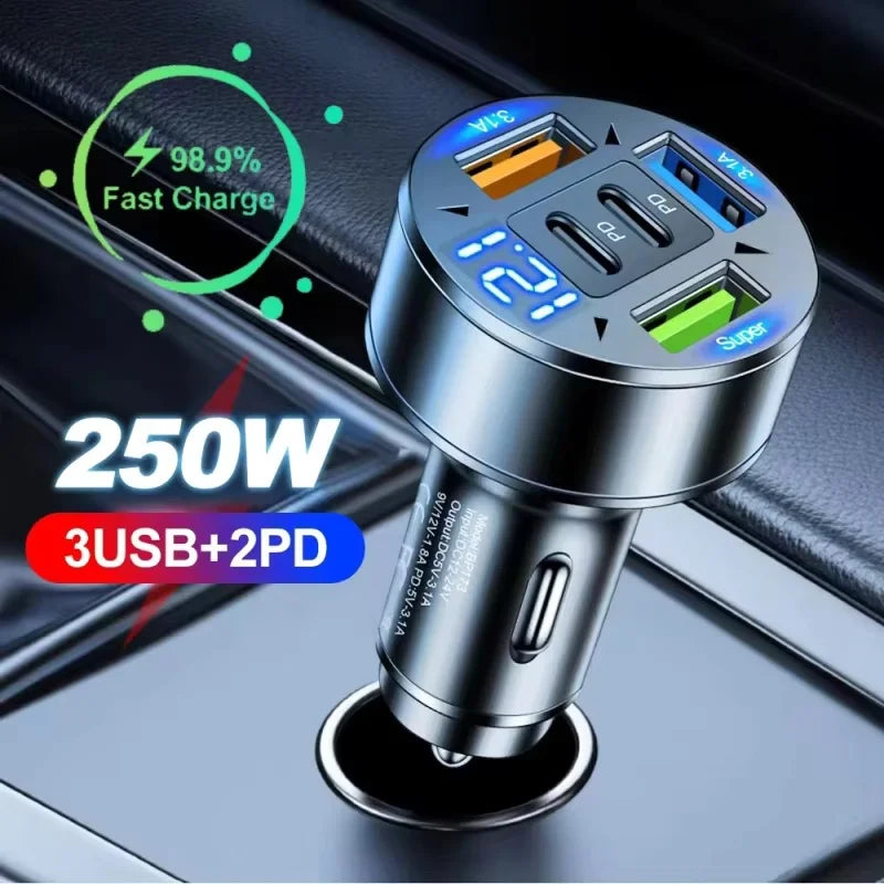 5-Port Fast charging Car Charger with USB-C PD & Voltage Display
