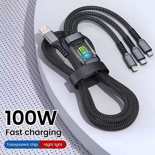 3-in-1 fast charging cable with Lightning, USB-C, and Micro USB connectors
