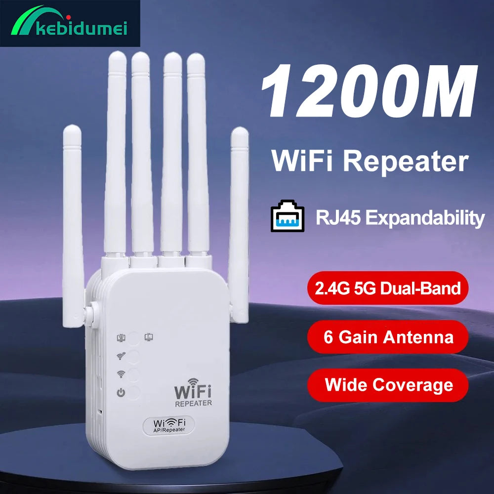 Kebidumei AC1200 dual-band WiFi extender with 6 antennas