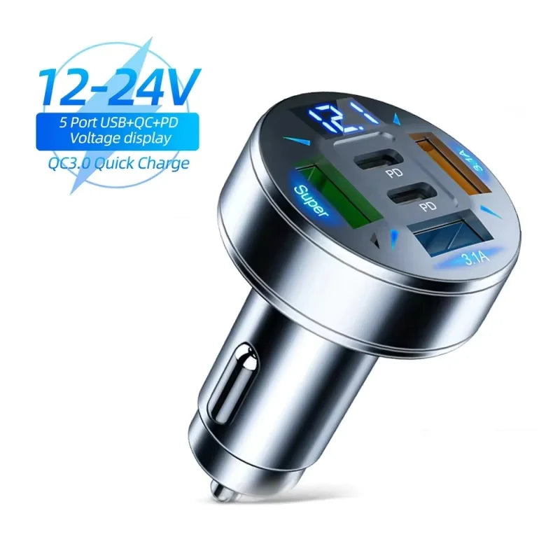 5-Port Fast charging Car Charger with USB-C PD & Voltage Display