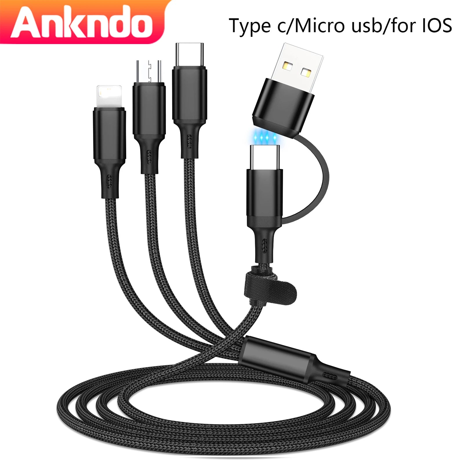 3 in 1 Fast Charging Cord for Micro USB Type C Charger Cable 1.2M Multi Usb Port Multiple Usb Charging Cord