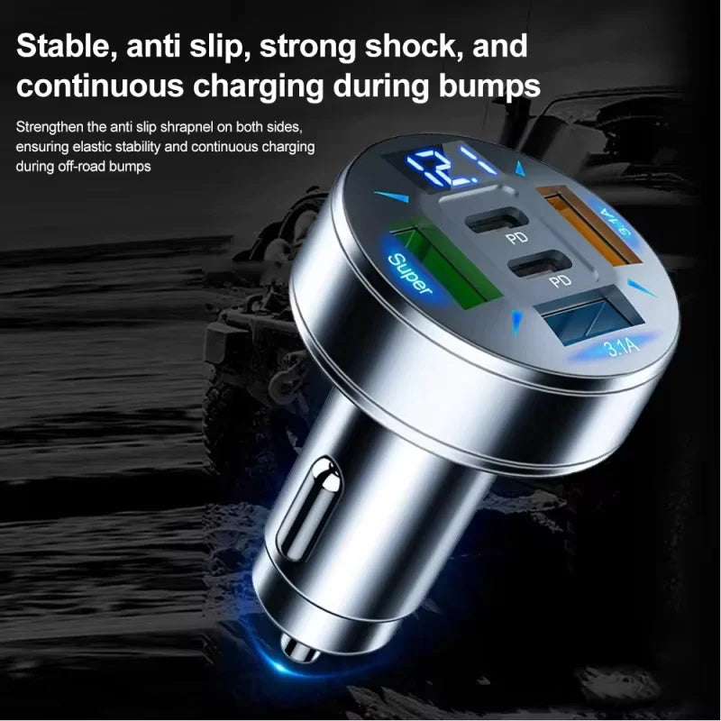 5-Port Fast charging Car Charger with USB-C PD & Voltage Display