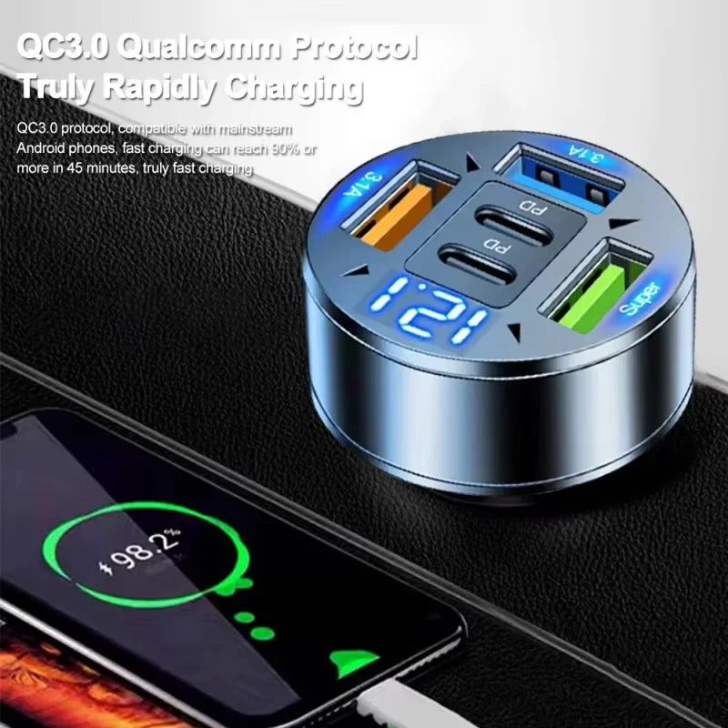 5-Port Fast charging Car Charger with USB-C PD & Voltage Display